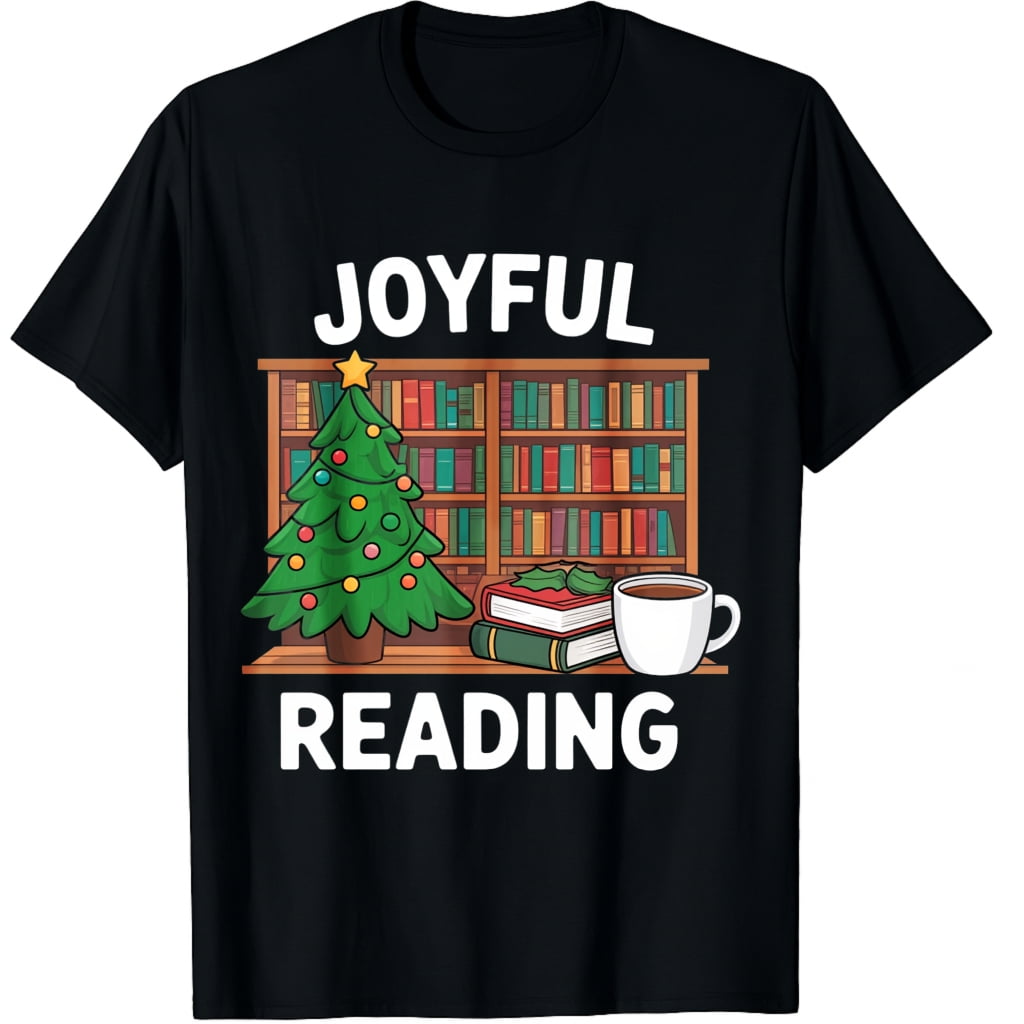 Christmas Tree Bookshelf Joyful Reading Print Black Graphic T-Shirt for ...