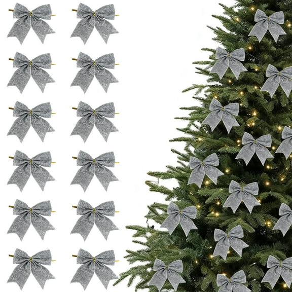 Christmas Tree Bow Ornaments - 12 Piece Silver Bow Tie Decorations for Mini Christmas Trees, Holiday Party Supplies, and Home Decor