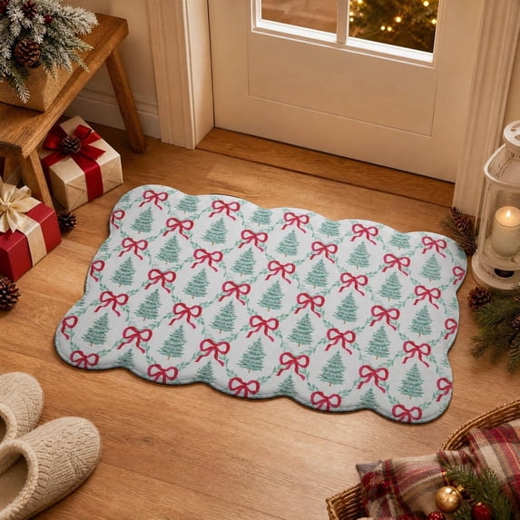 Christmas Tree and Bow Printed Doormat, Crystal Velvet Festive Entryway Rug, Elegant Scalloped Wavy Edge Floor Mat, Dirt Trapping Indoor Entrance Carpet, Holiday Home Decor(B 29.53in)