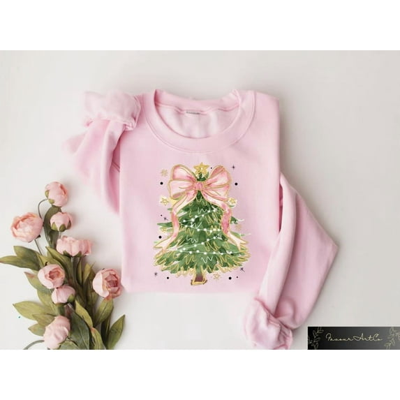 Christmas Tree Bow Shirt, Christmas Sweatshirt for Women, Christmas Tree Tshirt, Christmas Coquette Christmas Shirt, Retro Christmas Gifts