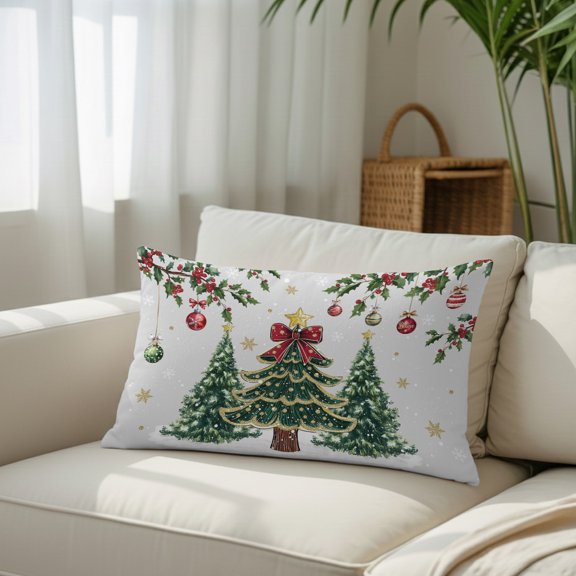 Christmas Tree Bow Star Ball Throw Pillow Covers, Decorative Pillow Covers With Hidden Zipper Soft Brushed Microfiber Fabric, Winter Snowflake Berry Leaf on Gray Pillowcases for Couch Bed 12x20in