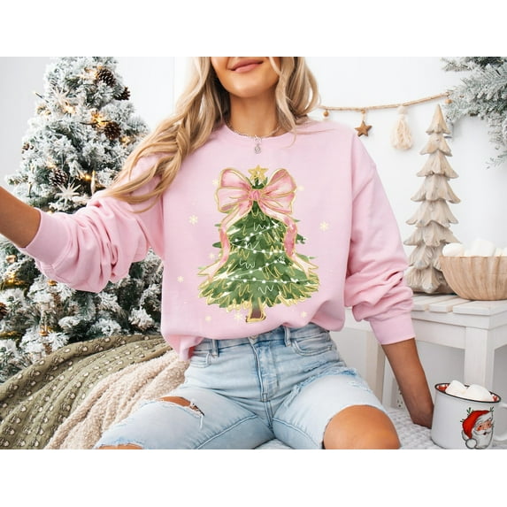 Christmas Tree Bow Sweater, Christmas Sweatshirt For Women, Gift Holiday Shirt,Light Pink Color,Size XL