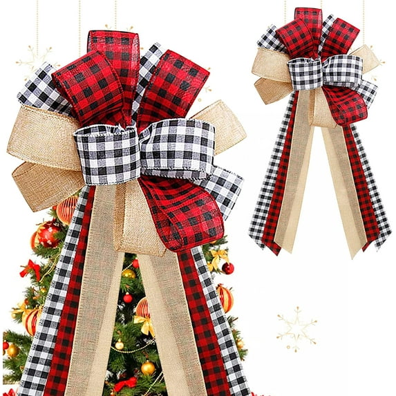 Christmas Tree Bow Topper, Buffalo Plaid Burlap Handmade Bow, Christmas Tree Ornament Gift Wreath Door Bows for Holiday Christmas Home Decoration