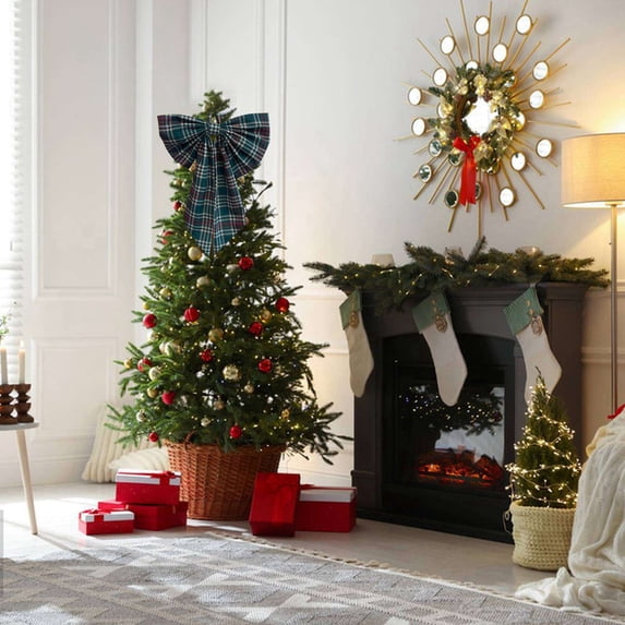 Christmas Tree Bow Topper,Large Plaid Wreath Bow Front Door Hanger,13.78"x9.84 Cute Bow Tree Toppers for Xmas Party Yard Doorway Indoor Outdoor Wall Decoration