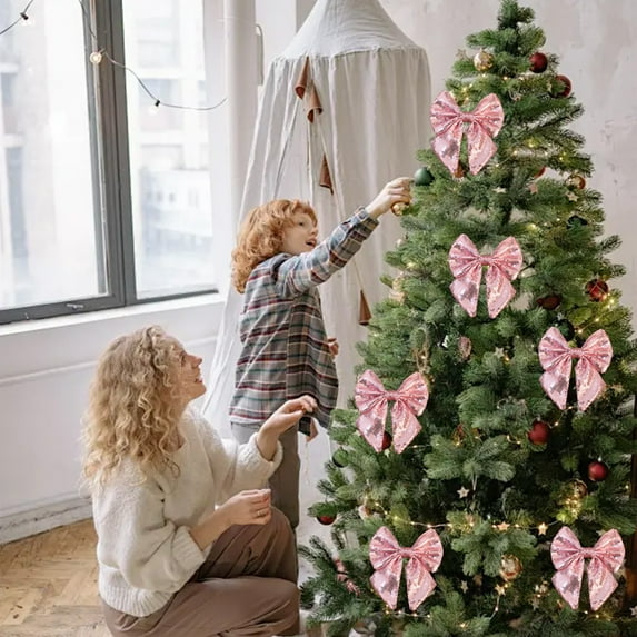 Christmas Tree Bows,Large Glitter Christmas Bow, Sequin Wreath Bow for Xmas Tree, Christmas Tree Topper Decorations, Elegant Glitter Bowknot Ornaments for Christmas Party Supplies Decor (Pink)