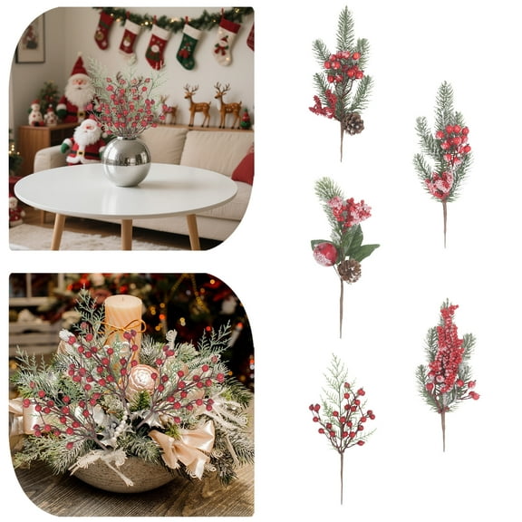 Christmas Tree Branch Artificial Pine Needles Frosted White Plastic Stems Flexible for Holiday Decorating Arrangements(Red)