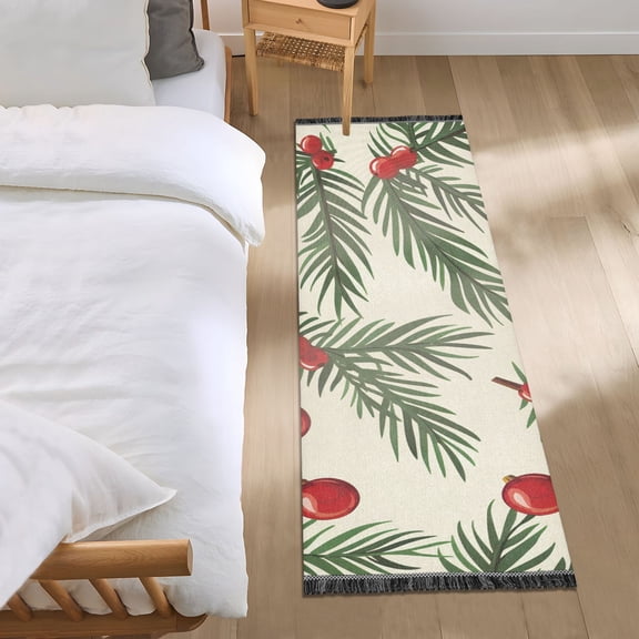 Christmas Tree Branches Red Balls Bedside Runner Rug 2'x 6' Non Slip Carpet Floor Mat Area Rug