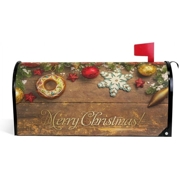 Christmas Tree Branches with Toys On Wooden Table Magnetic Magnetic Mailbox Cover Standard Size for Garden Yard Outdoor Decorations-18 x 20.8"