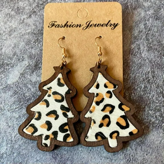 Christmas Tree Brown Wood Bezel Cheetah Leopard CowhideGenuine Leather Earrings