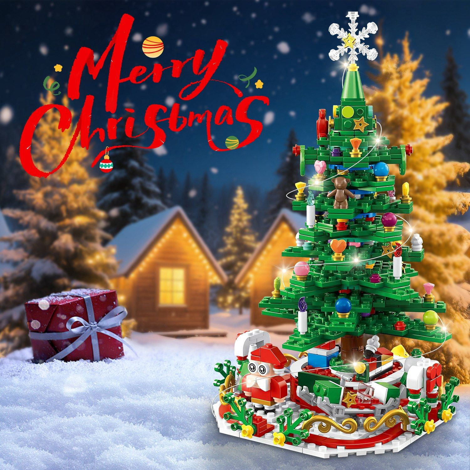 Christmas Tree Building Set, 701 Plastic Pieces, 24-Day Countdown Calendar, 30 USB LED Warm Lights, Santa, Ornaments, Snowflake Topper, Educational Toy for Kids 3-6, Festive Tabletop Decor