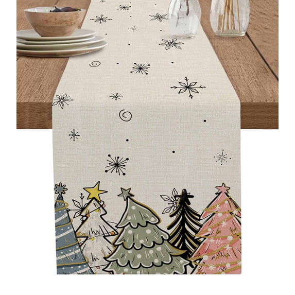 Christmas Tree Burlap-Cotton Table Runner 72 Inches Long,Rustic Pink Green Blue Xmas Tree Snowflake Farmhouse Table Runners,Outdoor Dining Tablecloths Decor for Baby Shower Party Wedding 18x72