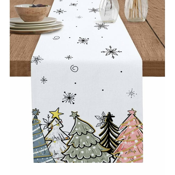 Christmas Tree Burlap-Cotton Table Runner 90 Inches Long,Pink Green Blue Xmas Tree Snowflake Farmhouse Table Runners,Outdoor Dining Tablecloths Decor for Baby Shower Party Wedding 13x90