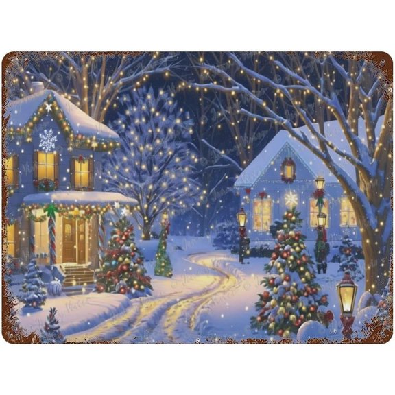 Christmas Tree, Cabin, Snow, Chic Shabby Tin Sign, Country Style, Rustic Farmhouse Sign, Decorative metal sign For Bedroom Bathroom Kitchen Man Cave Yard Wall Decor 12x16 inches