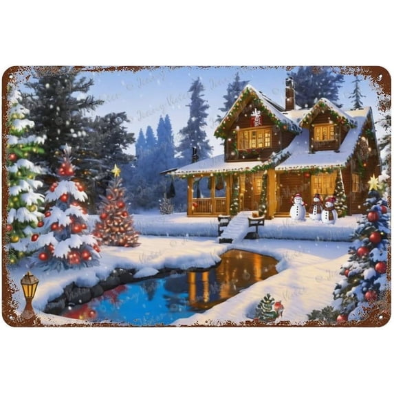 Christmas Tree, Cabin, Snowman, Night, Metal Tin Sign Cat Lovers Gift Christmas Decor for Party Farmhouse Man Cave Coffee Tin Bar Sign, Garage Sign, Yard Sign 12x8 inches