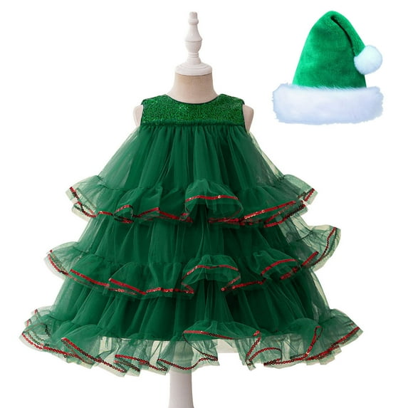 Christmas Tree Cake Costume with Hat with Headband Dress for Girls Halloween Layered Tulle Tutu Dress, 4-5Y