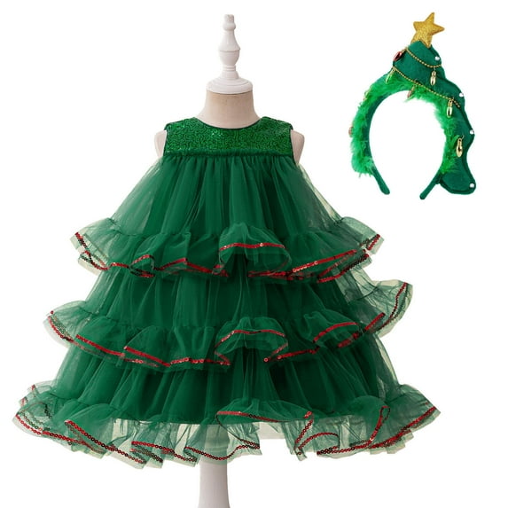 Christmas Tree Cake Costume with Headband Dress for Girls Halloween Layered Tulle Tutu Dress, 6-7Y