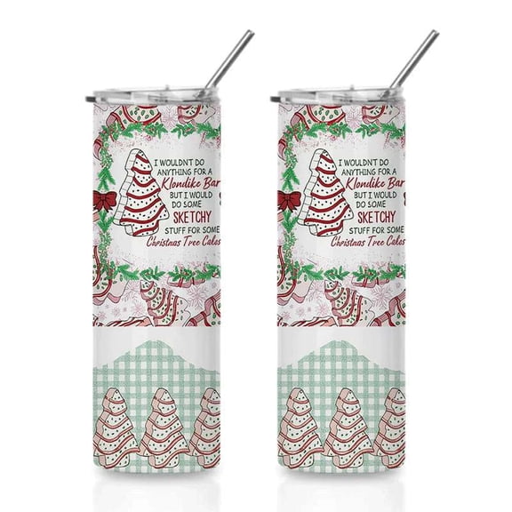 Christmas Tree Cakes Pattern Slim Neck Insulated Tumbler, Double-Wall Stainless Steel Travel Cup with Lid & Straw, Holiday Gift