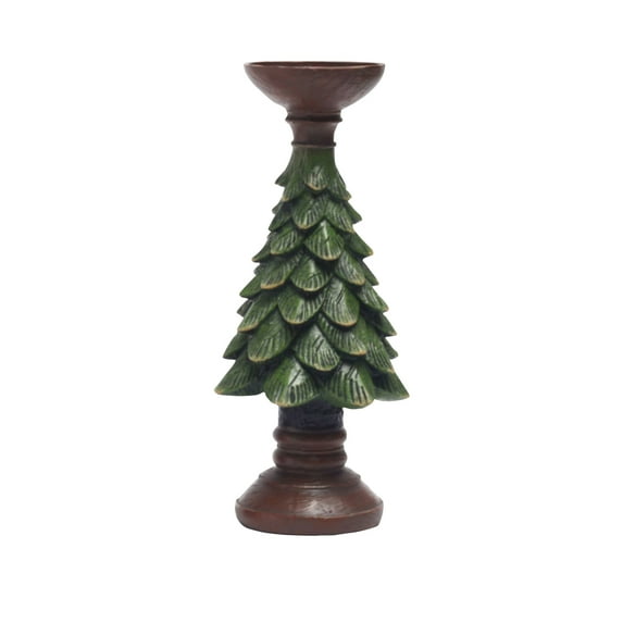 Christmas Tree Candle Holder – 11" Resin Pillar Candle Stand, Vintage Decorative Candlestick Holders for Xmas Table Centerpieces, Holiday Party Wedding Home Decor Festive Mantel Fireplace Decoration