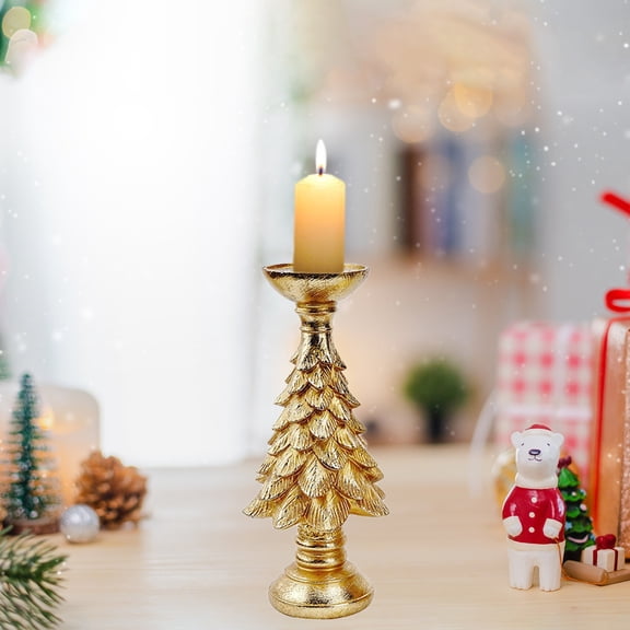 Christmas Tree Candle Holders 10.8 Inch Pine Tree Candlestick for Table Centerpiece Resin Xmas Tree Candle Stands Home Mantel Fireplace Decorations,Gold