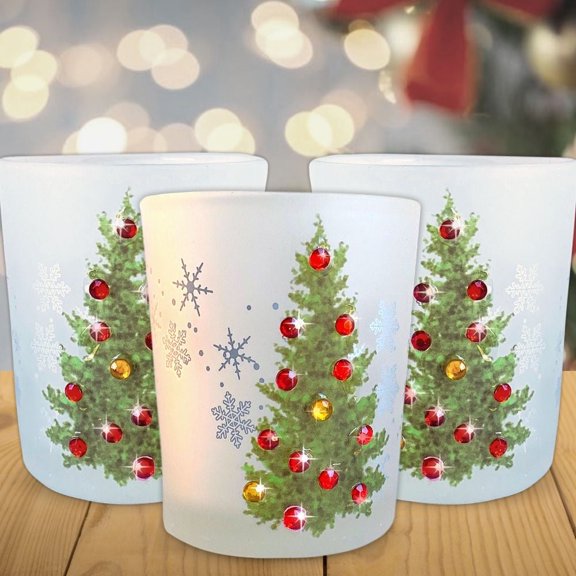 Christmas Tree Candle Holders - Set of 3 - Frosted Glass - Red and Gold Jewel Tree Decorations -9737