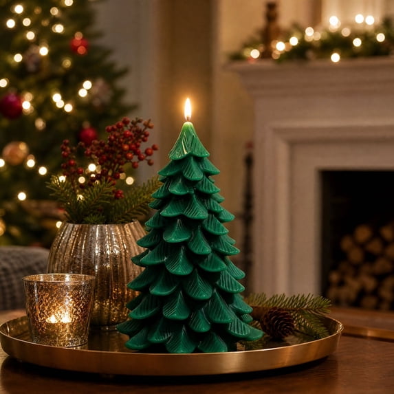 Christmas Tree Candle, LED Flameless Candle with Flickering Warm Light, Battery Operated Christmas Tree Shaped Candle Decor, Holiday Tabletop Ornament for Mantel Dining Room Home Party Decoration