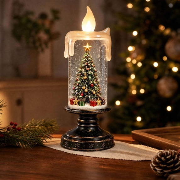 Christmas Tree Candle Lamp, Swirling Snow Globe, Christmas Table Decor, 6.1 Inch Plastic Flameless LED Lighted Snowflake Scene with Christmas Tree Figurine and Vintage Pedestal, for Home Mantel Shelf