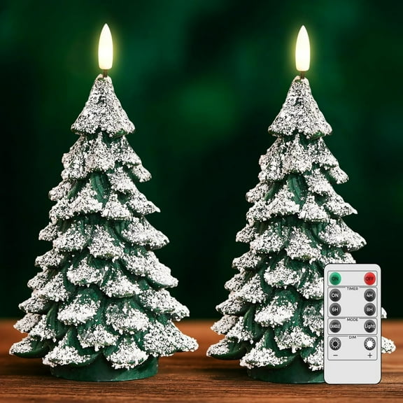 Christmas Tree Candles Covered in Snow - 2 Pcs 8.5 Inch Waxy LED Flameless Flickering Green Electric Candles with Remote, Battery Operated for New Year Celebration & Holiday Decorations