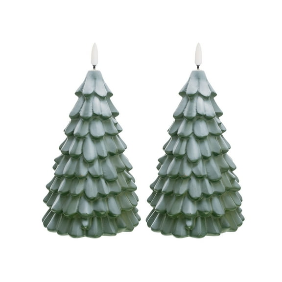 Christmas Tree Candles with Light, 2 Pcs Waxy LED Flameless Candles Flickering, Green Electric Candles Battery Operated for New Year Celebration Holiday Decorations, 6.7 Inches