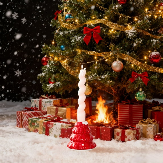 Christmas Tree Candlestick Holder Ceramic Tealight Holder 3.5 Inch Festive Evergreen Candle Stand for Holiday Table Centerpiece Mantel Decor Red Green