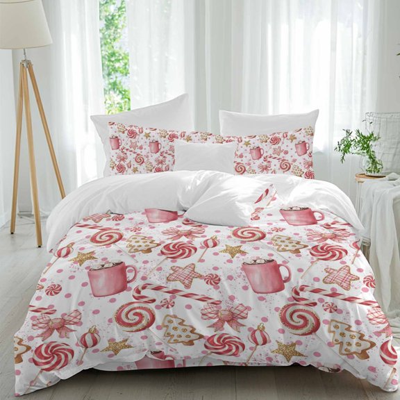 Christmas Tree Candy Cane Duvet Cover Set Queen Size, Pink Coffee Cup Star 4 Piece Soft Microfiber Bedding Set with Zipper Closure, 1 Comforter Cover, 1 Flat Sheet, 2 Pillowcases