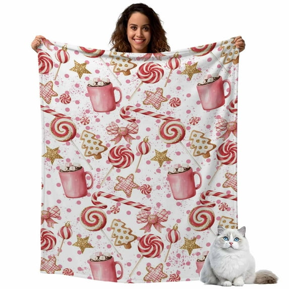 Christmas Tree Candy Cane Fleece Throw Blanket Lightweight Pink Coffee Cup Star Fuzzy Flannel Throws Super Soft Cozy Flannel Blanket for Couch, Sofa, Bed, Travel 50"x80"