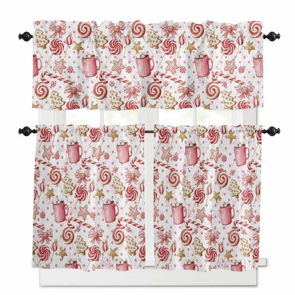 Christmas Tree Candy Cane Kitchen Curtains and Valances Set, Pink Coffee Cup Star Rod Pocket Window Valance 18 Inch Window Curtain Panels for Living Room Bedroom Laundry, 27.5x36in, 3 Pieces