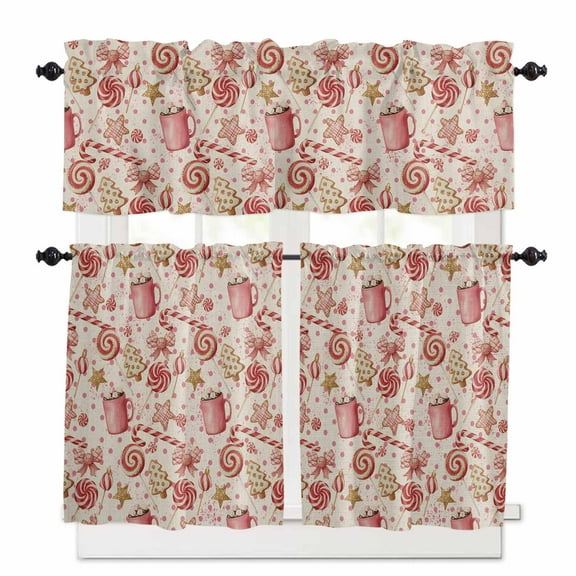 Christmas Tree Candy Cane Kitchen Curtains and Valances Set, Vintage Pink Coffee Cup Star Rod Pocket Window Valance 18 Inch Window Curtain Panels for Living Room Bedroom Laundry, 27.5x36in, 3 Pieces