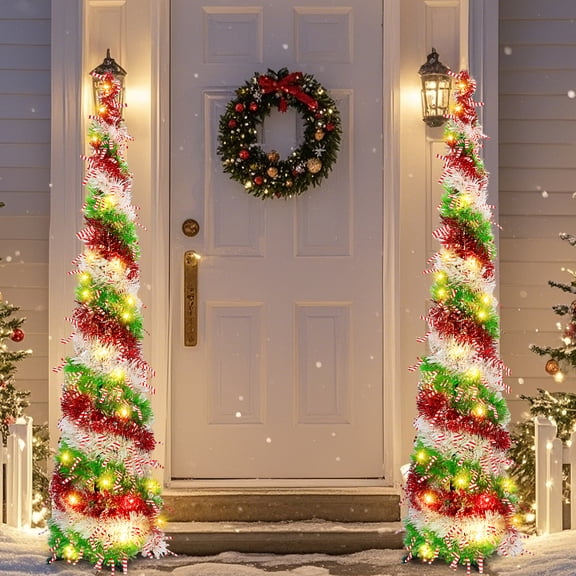 Christmas Tree-Candy Cane Prelit Slim Christmas Tree Decor, Pop Up Christmas Tree with Timer 50 Warm Lights 3D Large Star Sequins Battery Operated Collapsible Tinsel Christmas Tree for Xmas Decor 1PC