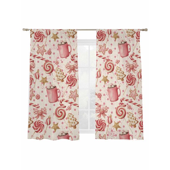 Christmas Tree Candy Cane Sheer Curtains 63 inches Long, Vintage Pink Coffee Cup Star Light Filtering Sheer Window Curtains Rod Pocket Voile Drapes for Bedroom Living Room, 2 Panels 52"W x 63"L