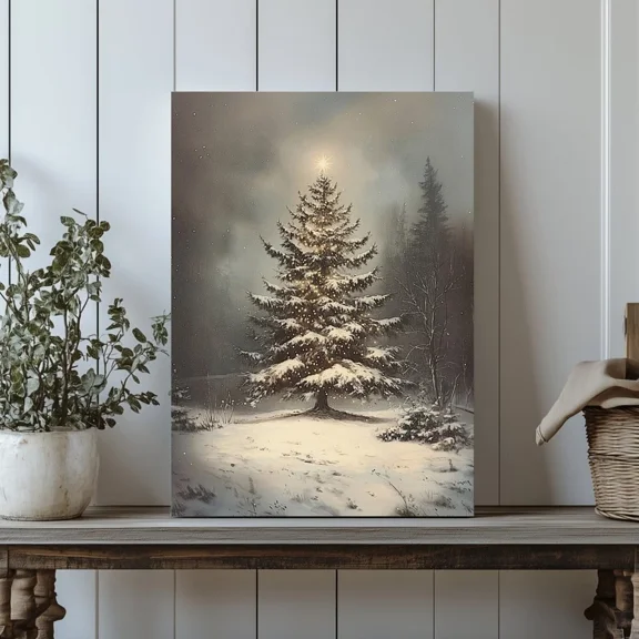 Christmas Tree Canvas Print, Snowy Landscape With Glowing Lights, Peaceful Winter Holiday Decor