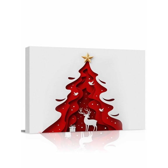 Christmas Tree Canvas Print Wall Art Abstract Red Trees Elk Gift Bird Star Art Pictures Painting Morden Artwork for Living Room Bedroom, Ready to Hang - 12"x16"