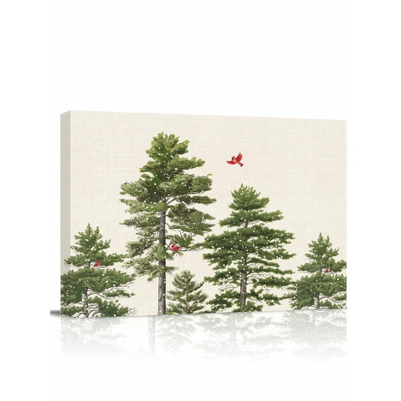 Christmas Tree Canvas Print Wall Art Cardinal Red Bird Snowfall Snow View Rustic Pictures Painting Morden Artwork for Living Room Bedroom, Ready to Hang - 12"x16"