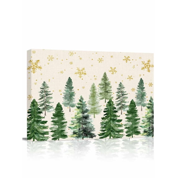 Christmas Tree Canvas Print Wall Art Framed Canvas Art Wall Decor Winter Xmas Pine Tree Forest Snowflakes Linen Pictures Painting Morden Artwork for Living Room Bedroom, Ready to Hang - 12"x16"