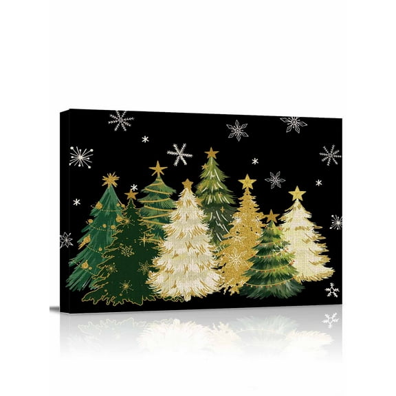 Christmas Tree Canvas Print Wall Art Green Xmas Tree Snowflake Winter Black Pictures Painting Morden Artwork for Living Room Bedroom, Ready to Hang - 12"x16"
