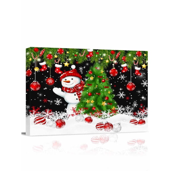Christmas Tree Canvas Print Wall Art Xmas Snowman Balls Pine Needles Winter Snowflake Black Pictures Painting Morden Artwork for Living Room Bedroom, Ready to Hang - 12"x16"