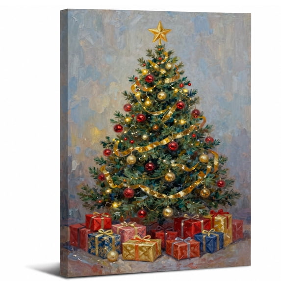 Christmas Tree Canvas Wall Art Framed,Tree with Gift Boxes Golden Star ...