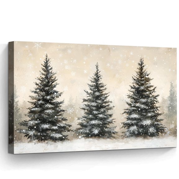 Christmas Tree Canvas Wall Art, Three Snow Covered Pine Trees with Snowflakes on Vintage Beige Background, Rustic Winter Decor for Bedroom Living Room