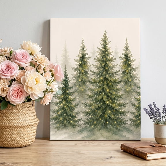 Christmas Tree Canvas Wall Art, Winter Country Forest Green Pine Tree Golden Stars Pictures Wall Decor Wooden Framed Artwork Art Prints for Living Room Hallway Bedroom Office 22"x28"