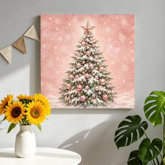 Christmas Tree Canvas Wall Art, Winter Country Pine Tree Pink Snowflake Star Ball Pictures Wall Decor Wooden Framed Artwork Art Prints for Living Room Hallway Bedroom Office 12"x12"