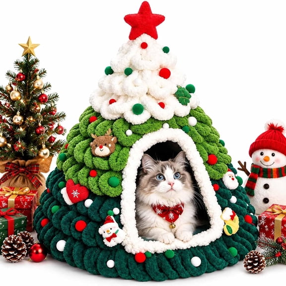 Christmas Tree Cat Bed Cave, Christmas Cat Bed Hut, Felt Gauze Cat Cave, Winter Warm Indoor Pet House