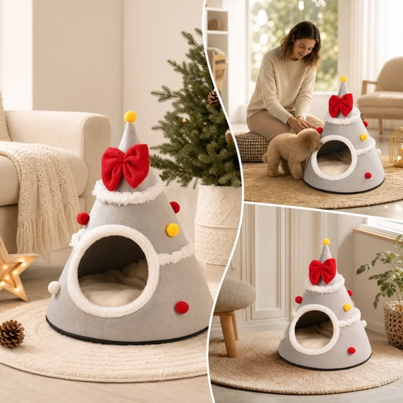 Christmas Tree Cat Bed with Bow - Winter Warm House for Cats, Soft Enclosed Sleeping House with Removable Cushion Non-Slip Base