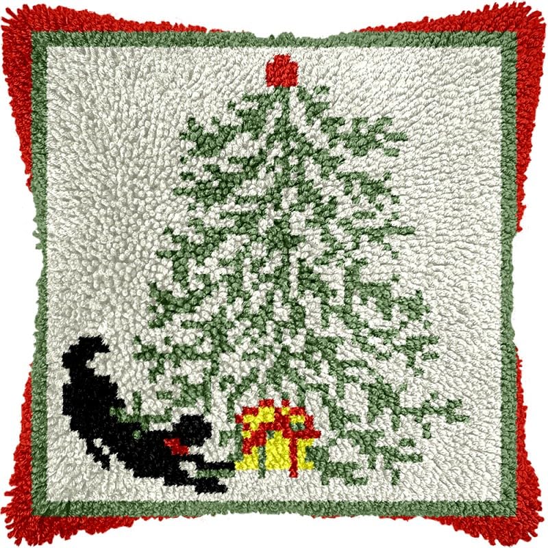 Christmas Tree & Cat Latch Hook Pillows Kits Cushion Pillow Cover with Pattern Printed Canvas Sofa Hooking Pillowcase Crafts Embroidery Latch Hooking Crochet Kits Set 17x17 inch(1)