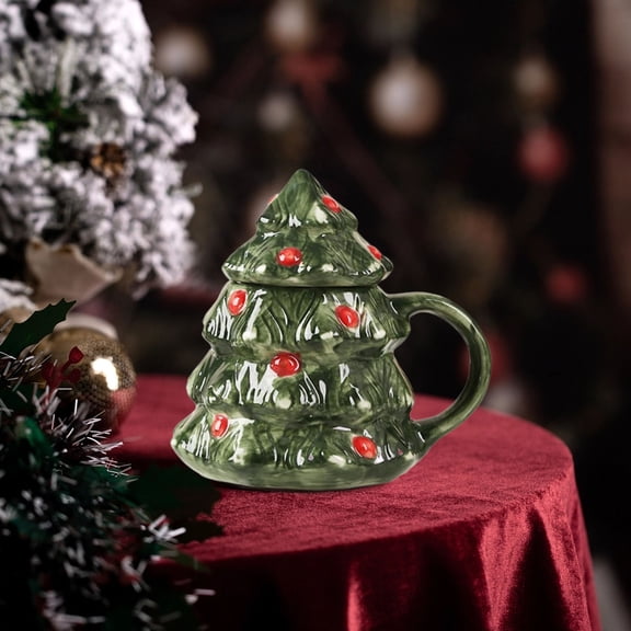 Christmas Tree Ceramic Coffee Mug, Christmas Family Practical Living Supplies, 14oz, 3D Tree Shaped Handle, Holiday Gift, Microwave Safe, Festive Kitchen Decor