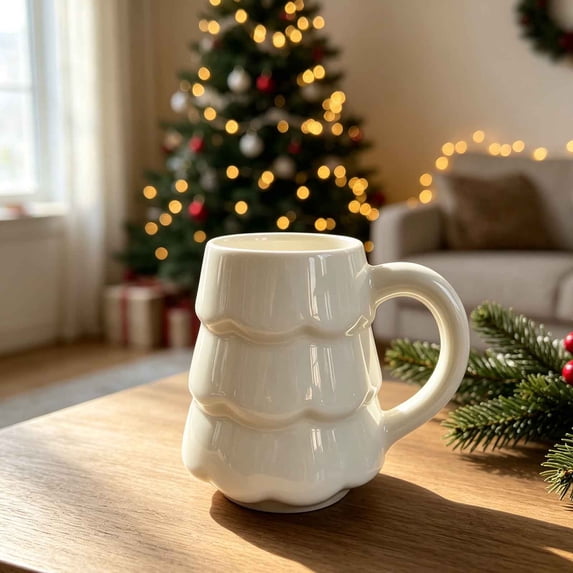 Christmas Tree Ceramic Mug, Cute Xmas Tree Shaped Coffee Cup, Holiday Drinking Mug for Hot Chocolate Tea Milk Gift for Family Home Party
